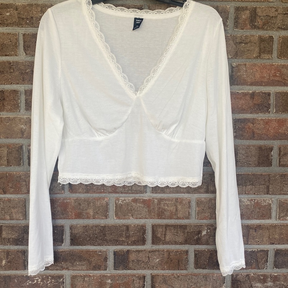 Very sheer off white long sleeved cropped top by shein curve